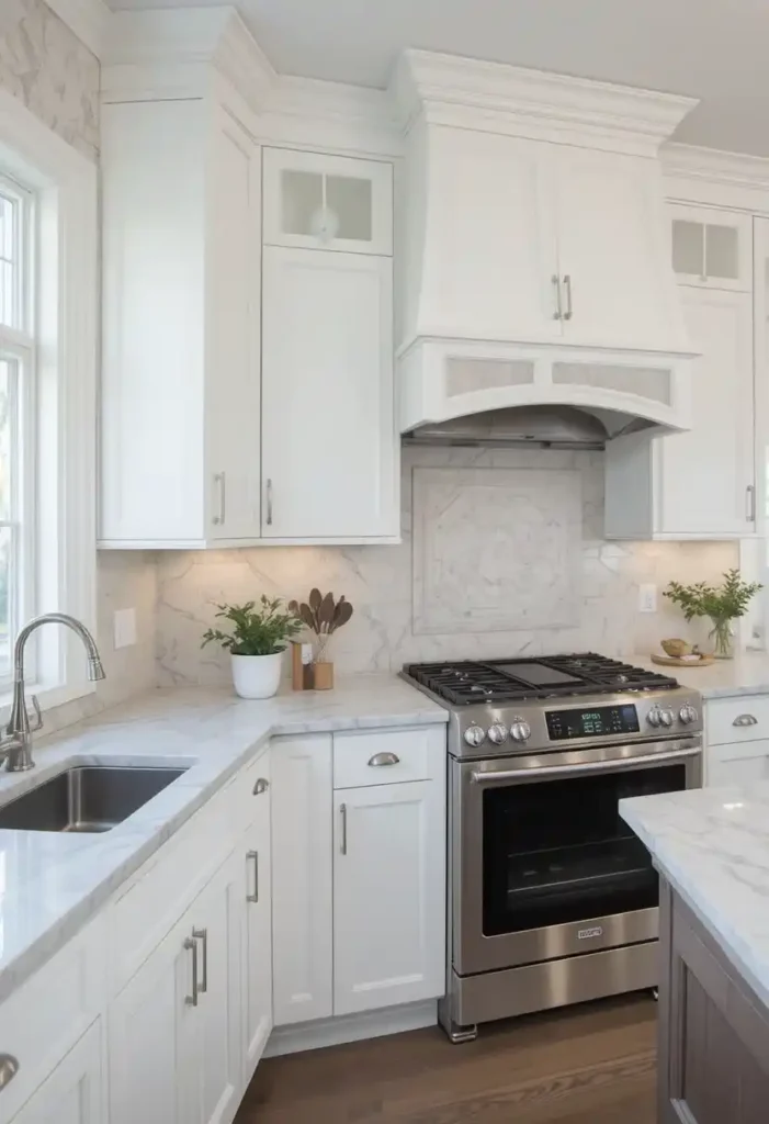 White cabinets with soft neutral quartz countertops