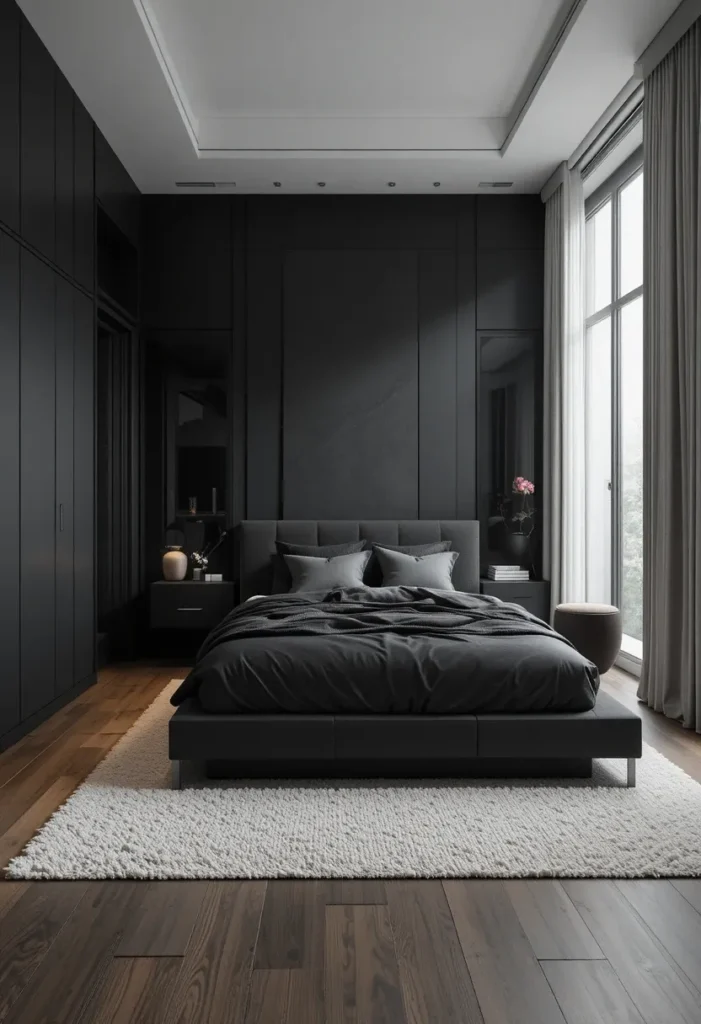 Minimalist black bedroom with clean modern lines