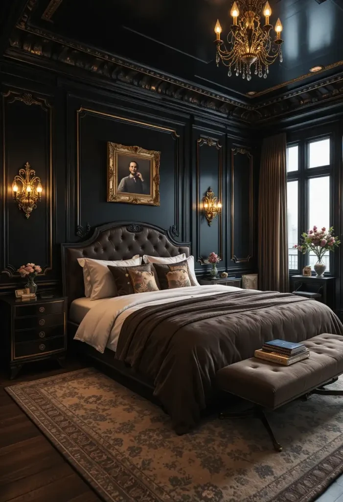Black bedroom with elegant gold accents