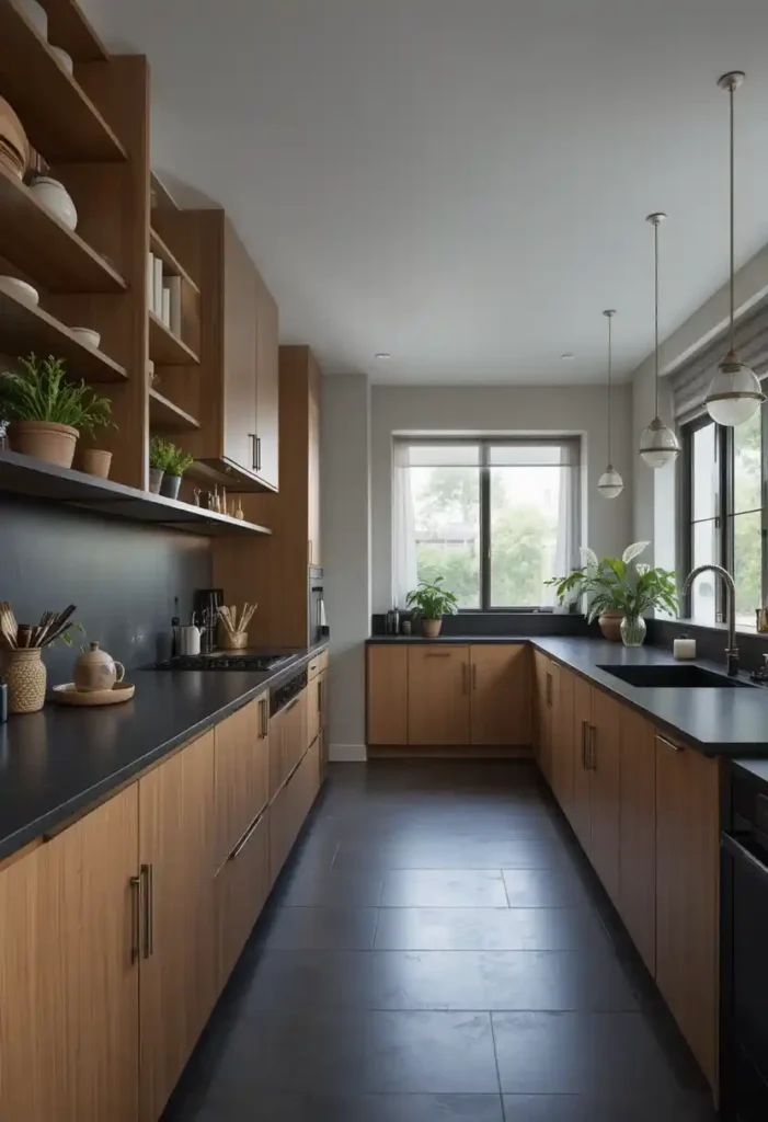 Matte black countertops paired with wood cabinets