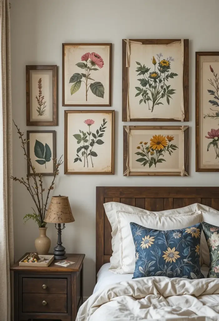 Nature-inspired bedroom wall with botanical art and wooden details.