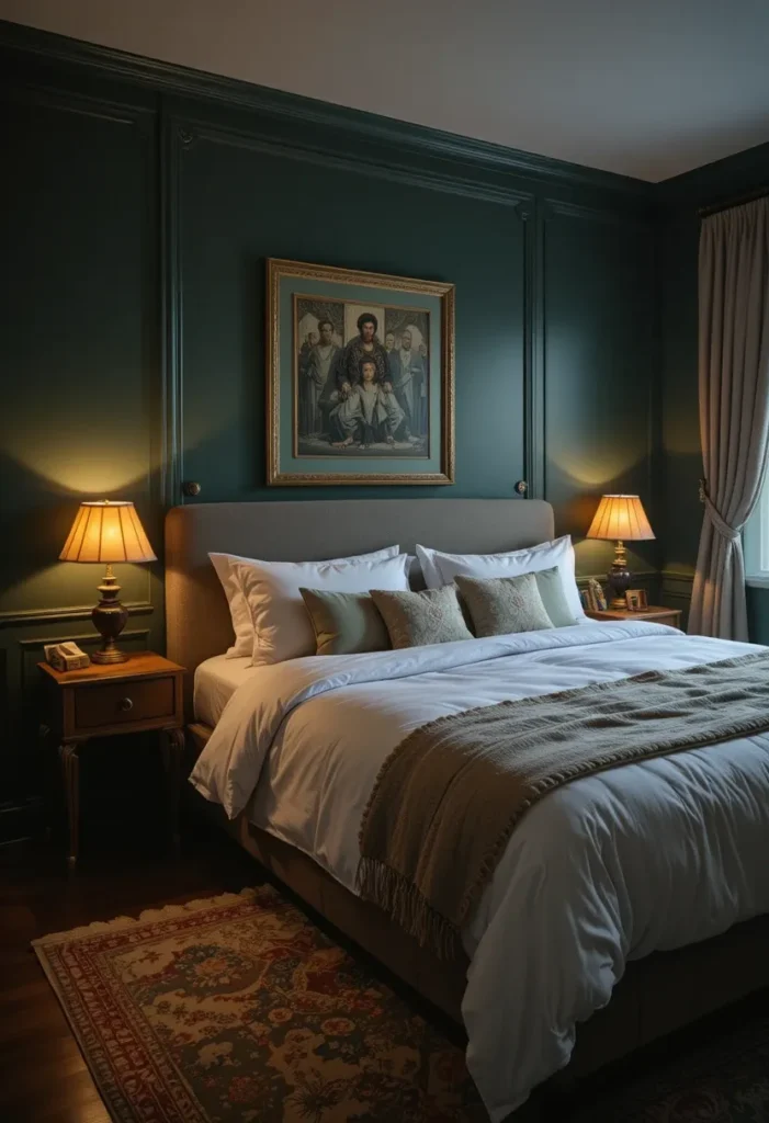 Dark green bedroom with warm lighting for cozy feel