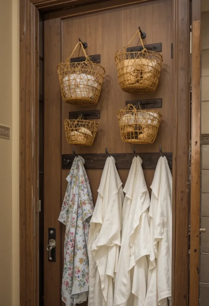 Hanging baskets and hooks keeping small bathroom items organized and accessible.