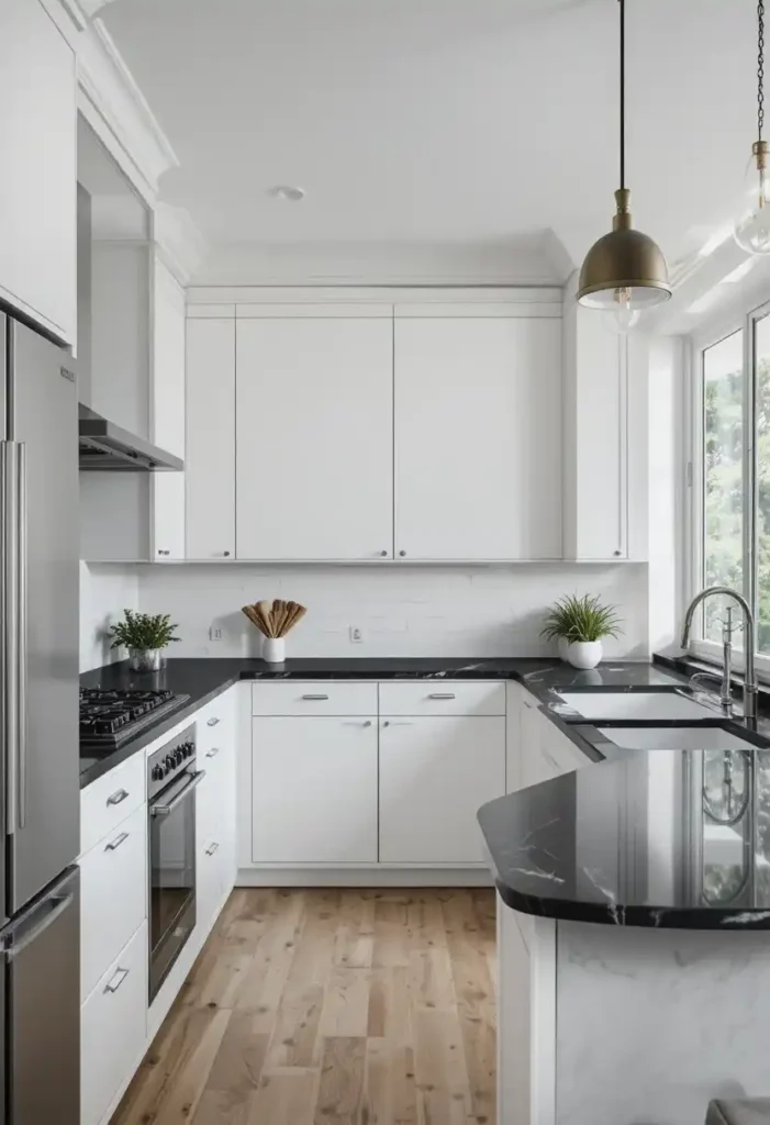 Black quartz countertops with white kitchen cabinets