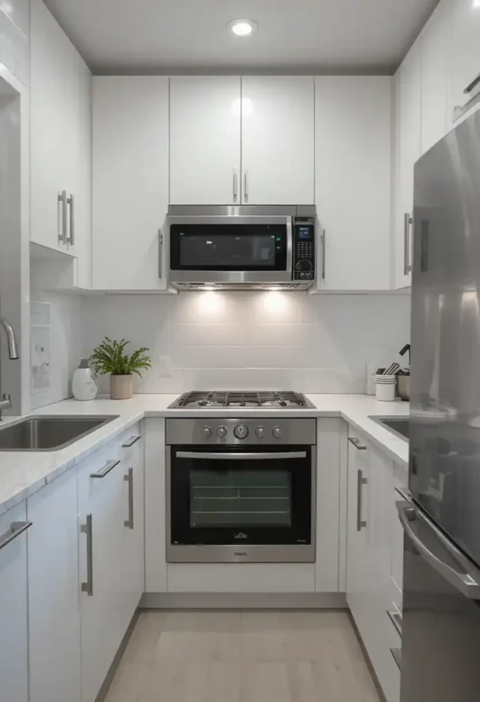 Small white kitchen designed to feel larger