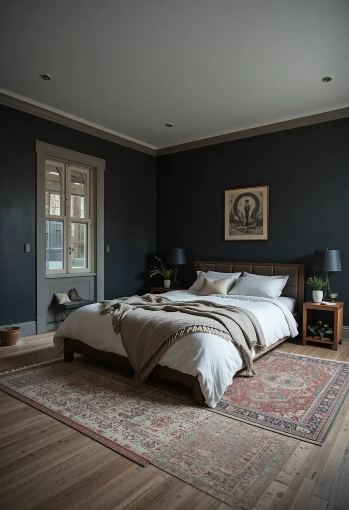 Moody bedroom featuring layered rugs for warmth and visual depth.
