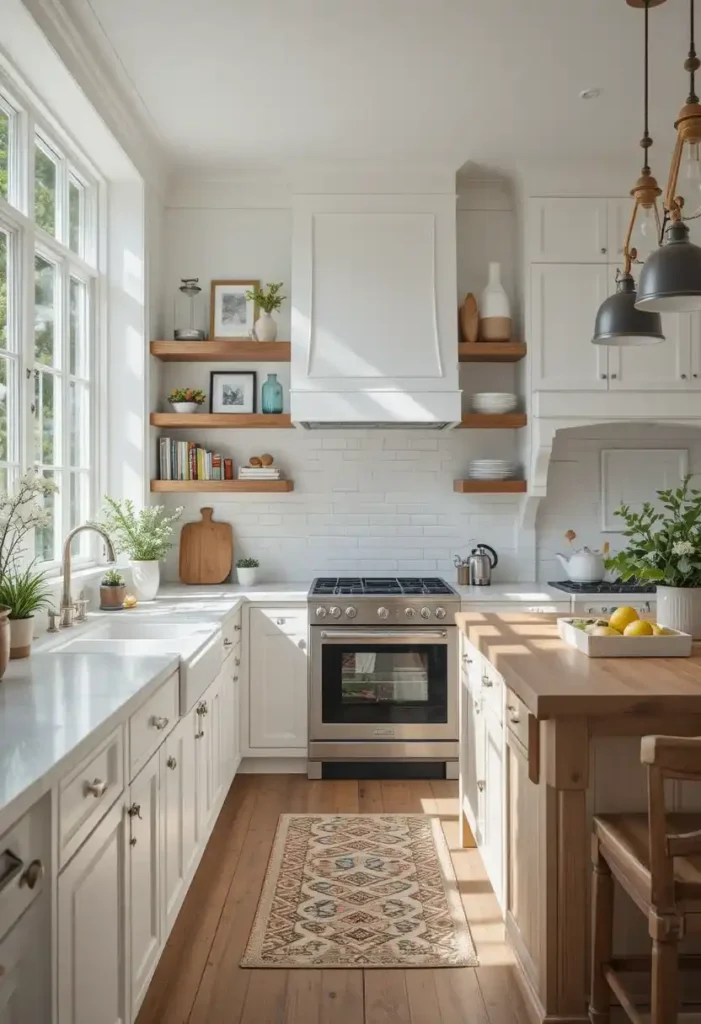 White kitchen with warm wood accents and open shelving