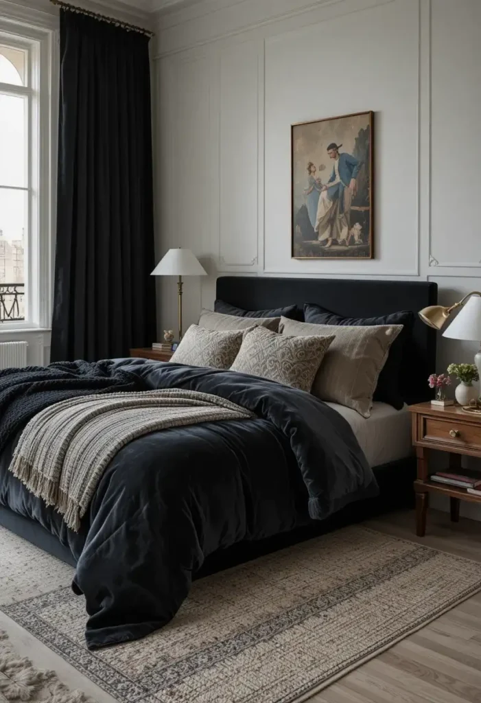 Black bedroom featuring textured fabrics and bedding