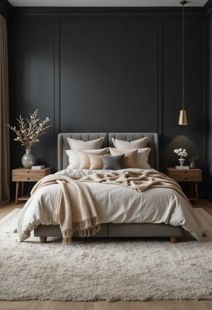 Dark gray and beige bedroom with warm cozy feel