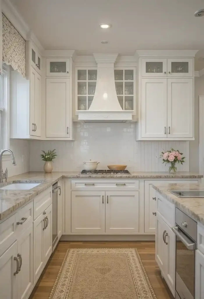 Kitchen with bead board backsplash between cabinets and countertops