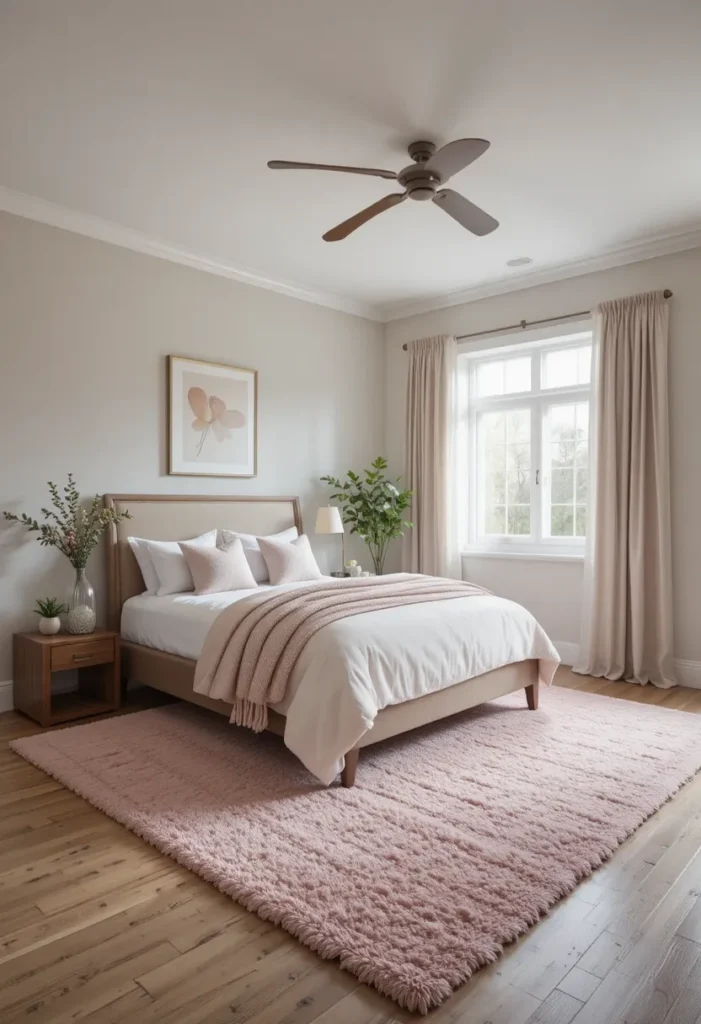 Pink rug adding warmth to bedroom decor