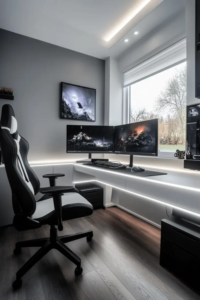 Tech-savvy minimalist gaming bedroom with sleek desk and organized cables