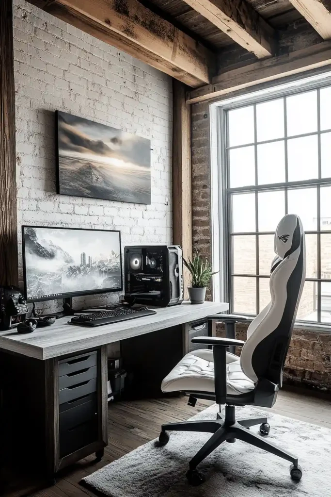 Urban loft-style gaming bedroom with high ceilings and modern furniture