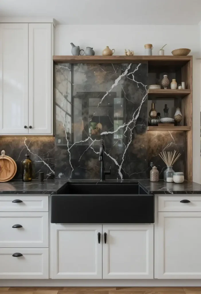 Black kitchen sink creating a bold modern kitchen statement