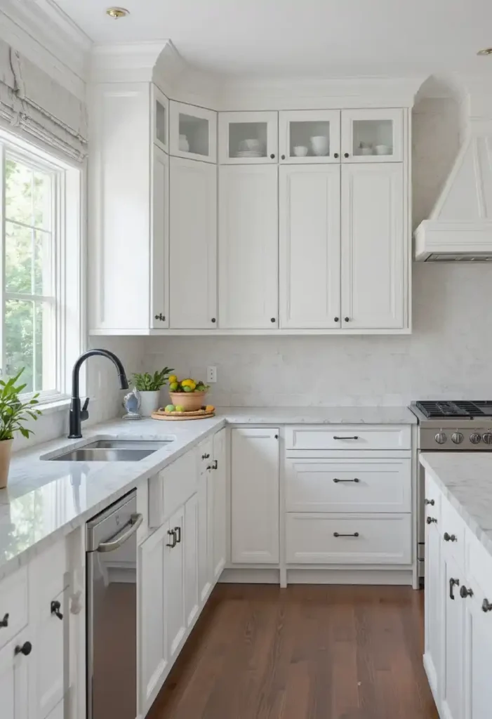 White kitchen with dark hardware contrast