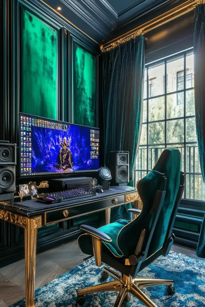 Luxury gamer’s retreat with ergonomic chair, ambient lighting, and plush decor