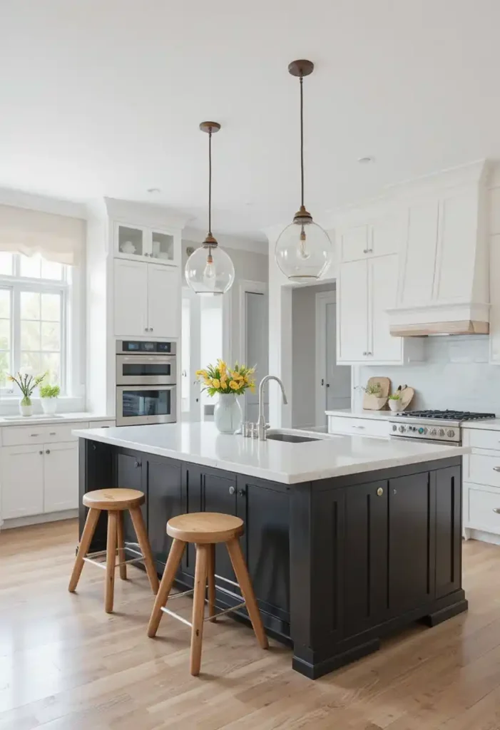 Black kitchen island with white countertops