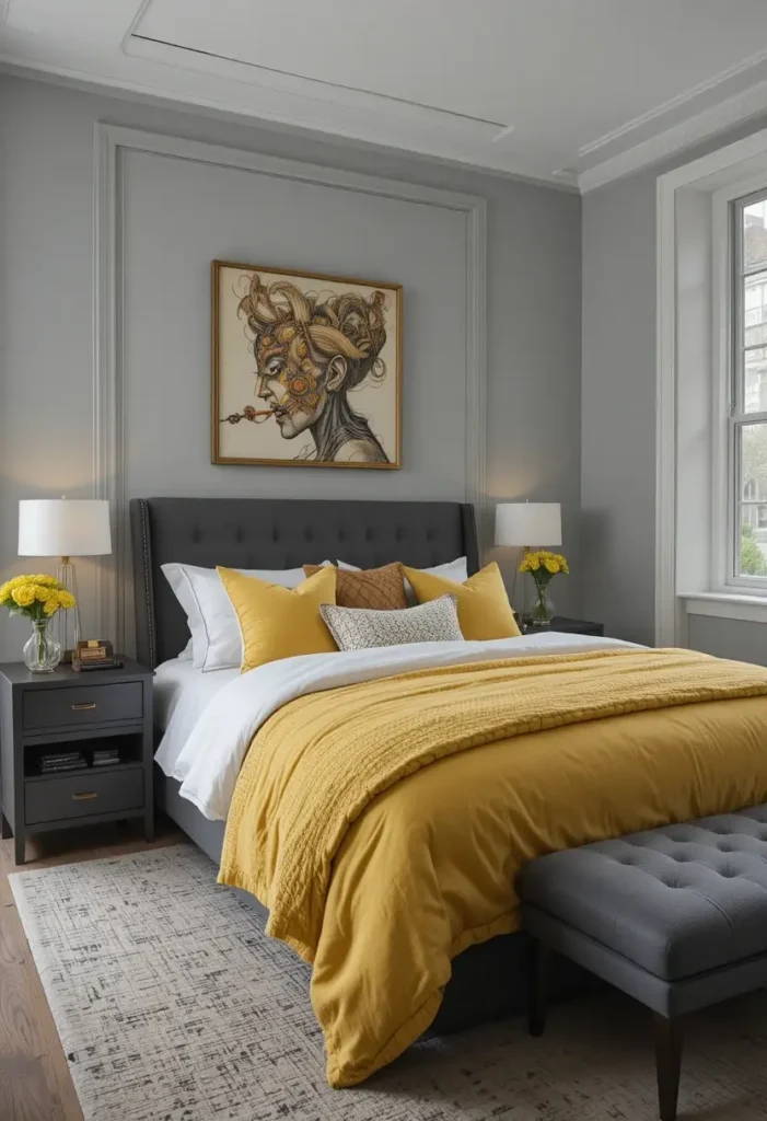 Sophisticated yellow and grey bedroom with textured fabrics
