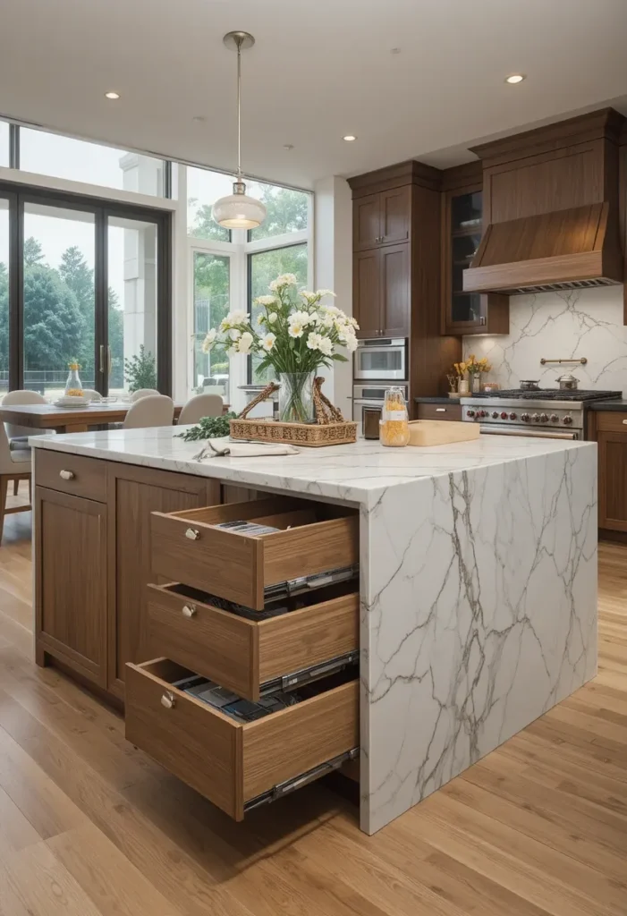 Hidden storage drawers in modern waterfall island kitchen
