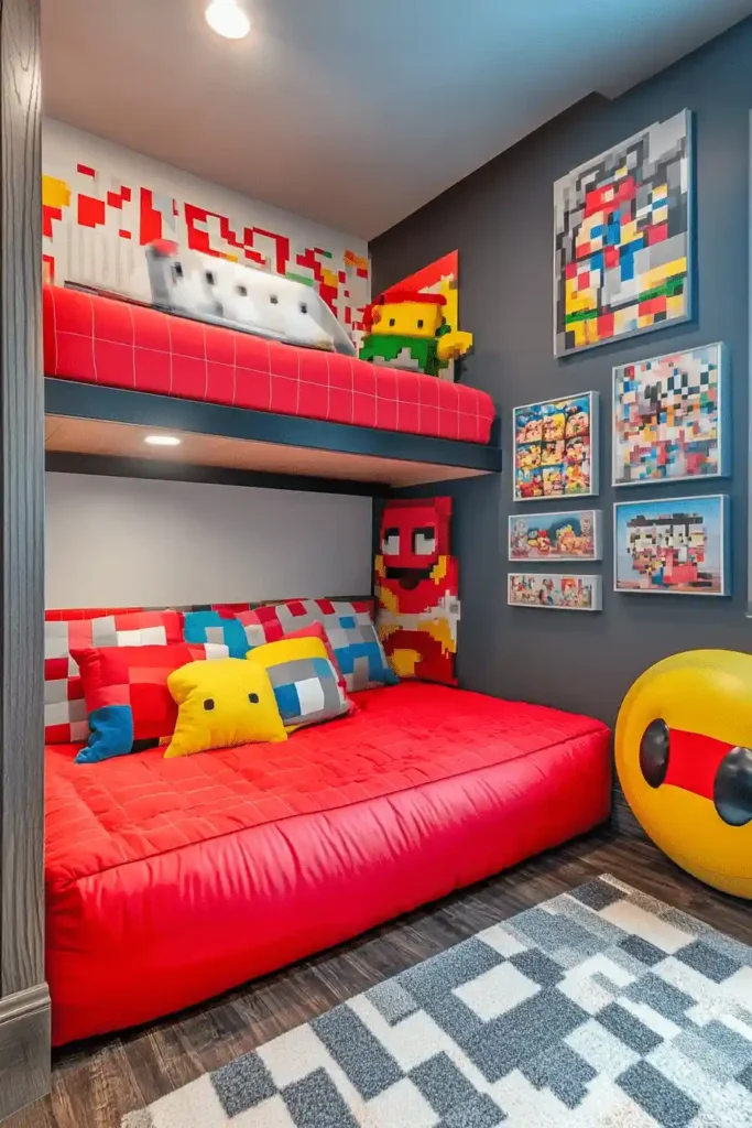 Pixel art gaming playroom with 8-bit wall art and colorful accessories