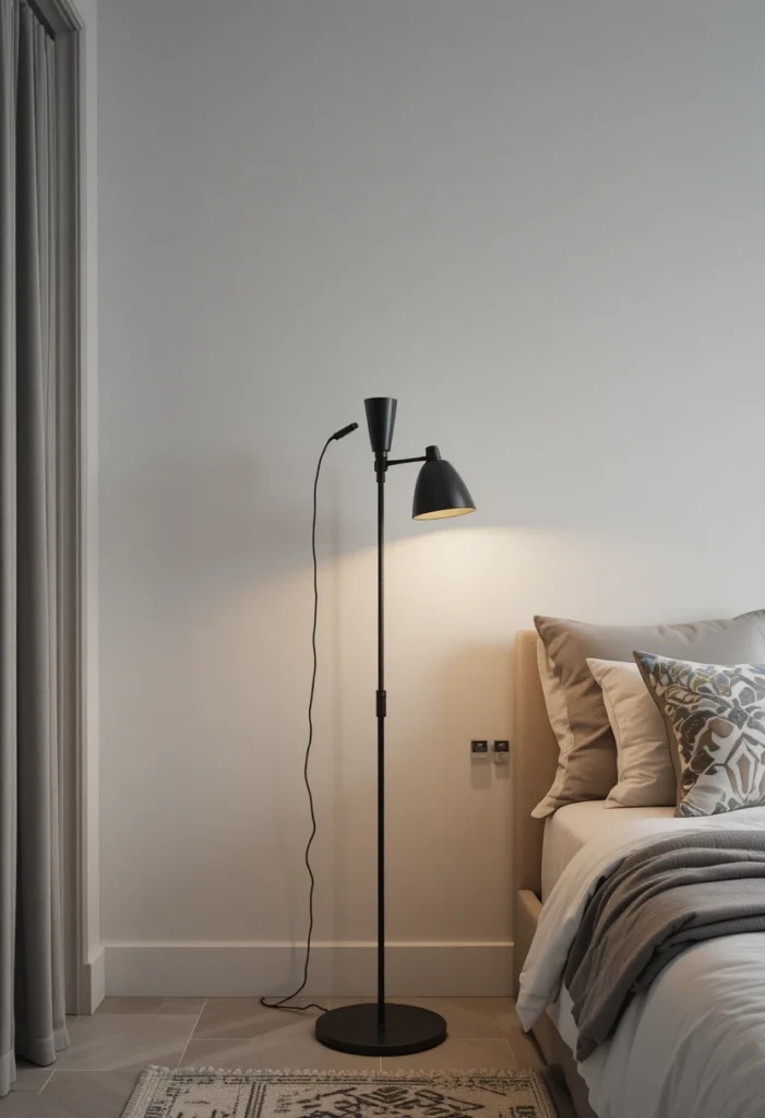 Modern floor lamp providing ambient lighting in sleek bedroom