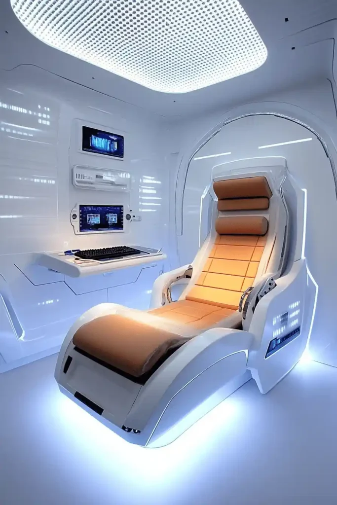 Sci-fi sanctuary gaming bedroom with metallic finishes and futuristic setup