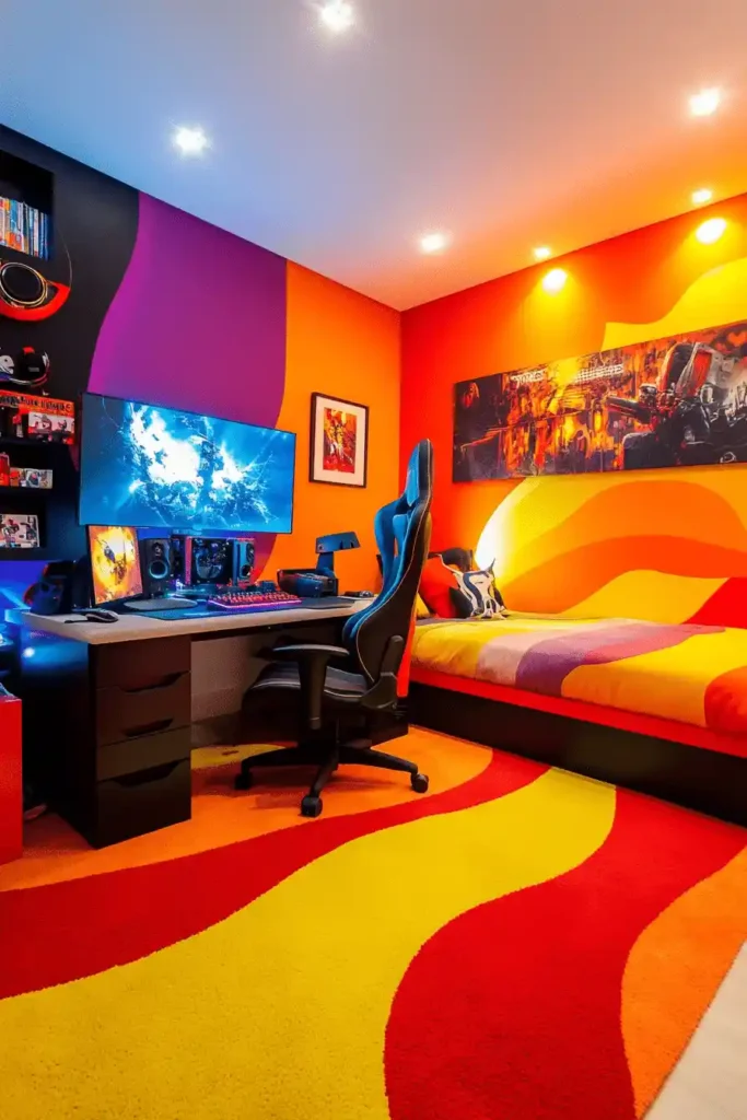 Vibrant gamer’s studio with bold accent walls and lively decor