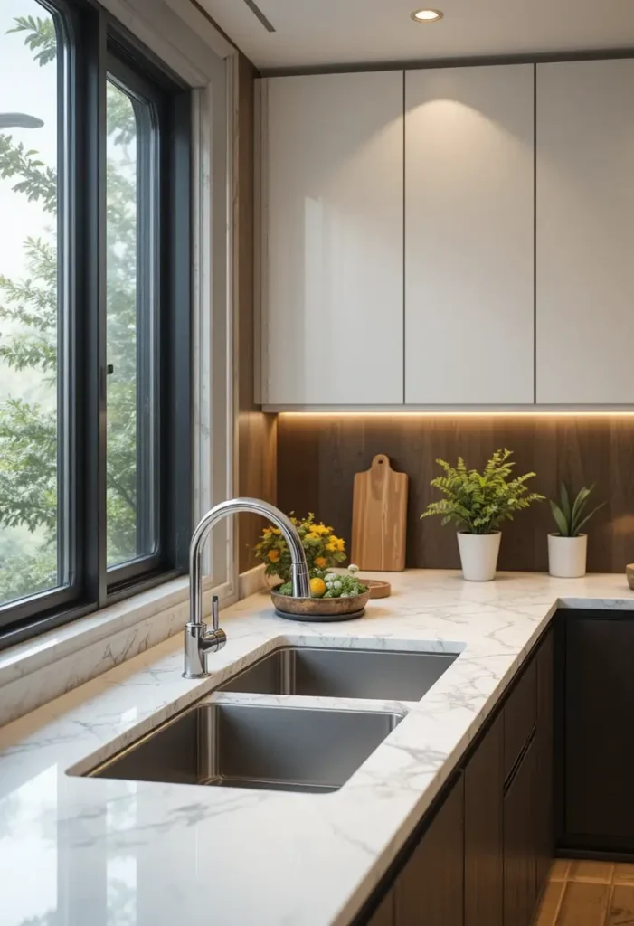 Low-divide double bowl kitchen sink for added flexibility