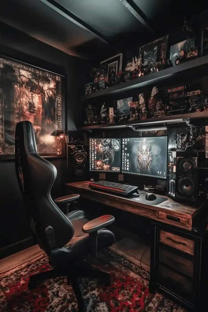 Gothic-themed gaming bedroom with dark colors, rich textures, and dramatic lighting