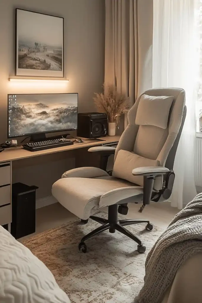 Cozy gaming corner with beanbags, soft lighting, and compact desk setup