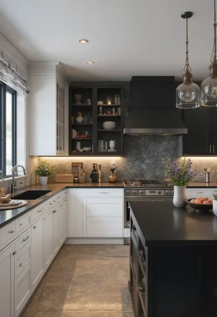 Matte black countertops in white kitchen