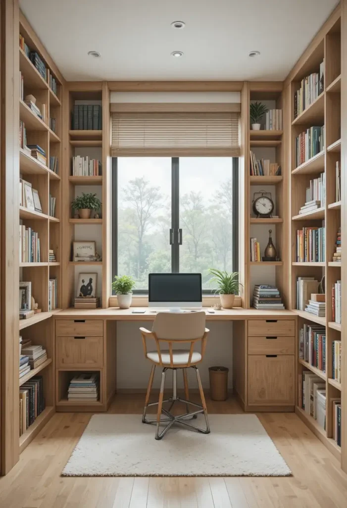 Multi-functional reading room with desk, chair, and bookshelf