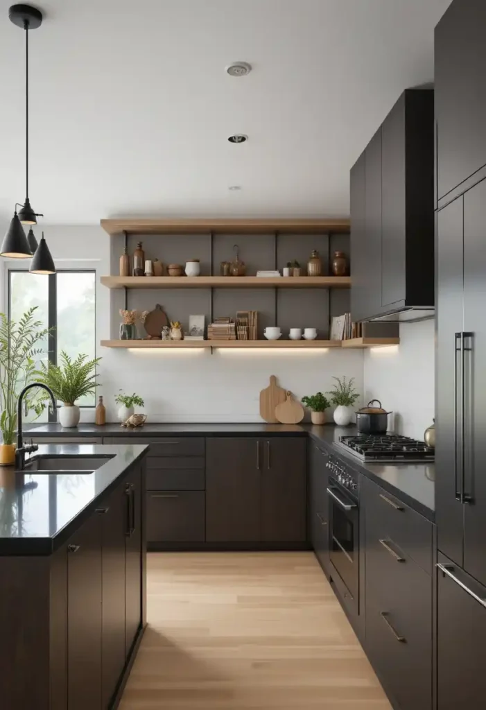Black kitchen countertops with open shelving