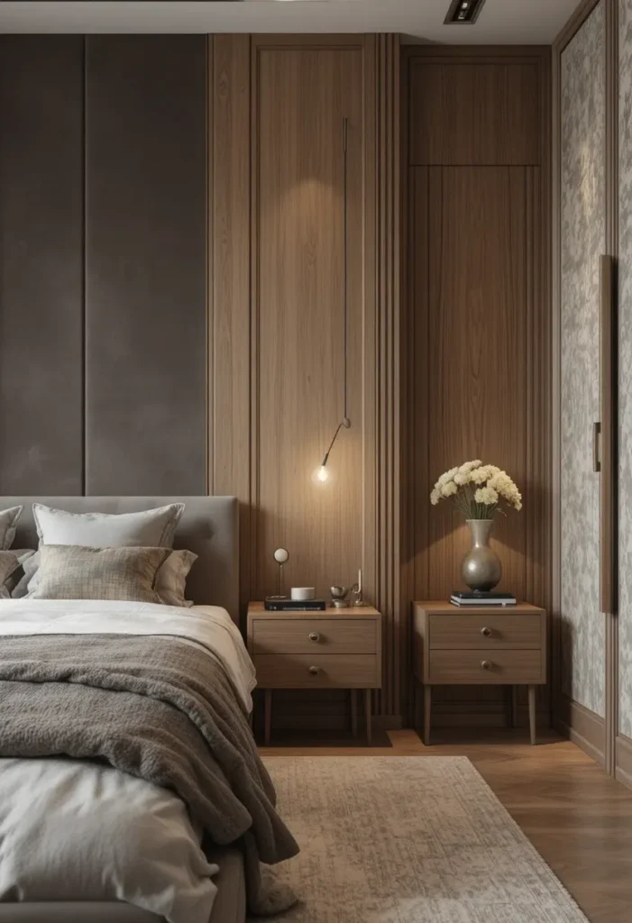 Moody bedroom with textured walls adding depth and visual interest.