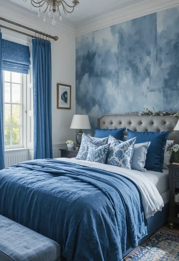Layered blue tones adding depth to a bedroom