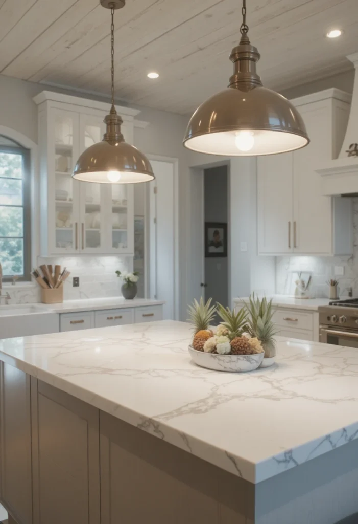 Pendant lights providing focused task lighting over a modern kitchen island
