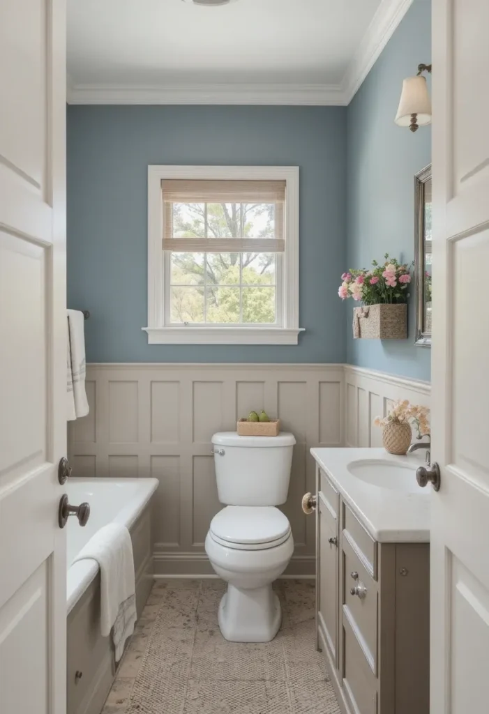 Soft calming colors creating a peaceful bathroom.