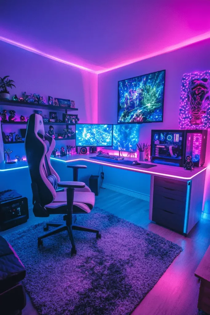 Gaming bedroom featuring vibrant neon lights and LED accents