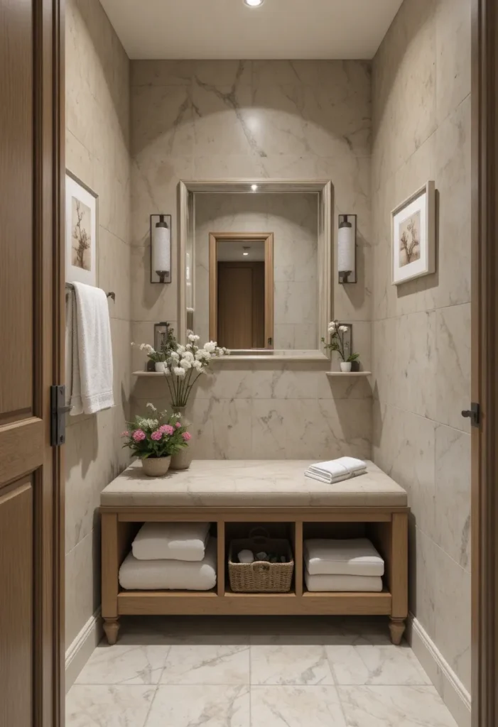 Small bathroom with multi-functional furniture for storage.