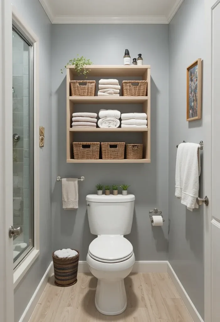 Over-the-toilet shelving unit used for organized storage in a small bathroom.