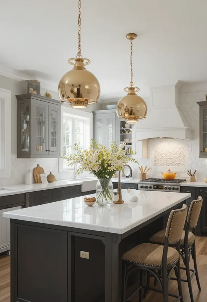 Statement pendant lighting anchoring the kitchen island design