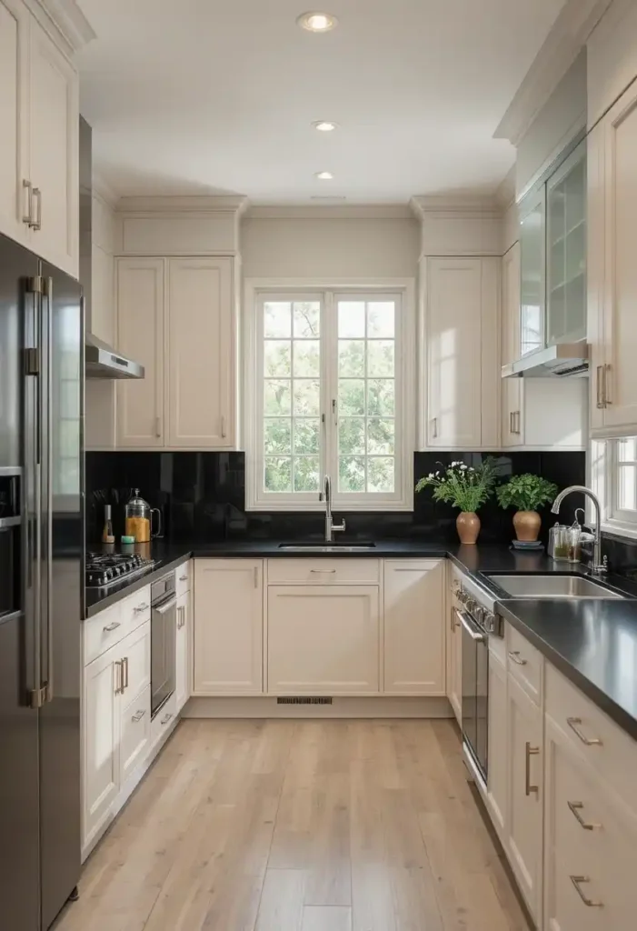Black countertops paired with pastel kitchen cabinets
