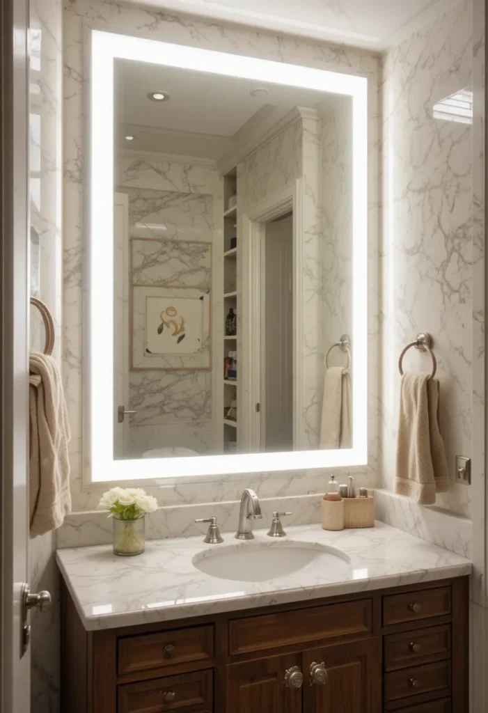 Large mirror reflecting light in a primary bathroom