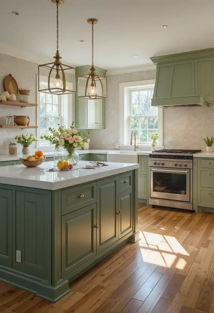 Green kitchen island paired with white countertops for contrast