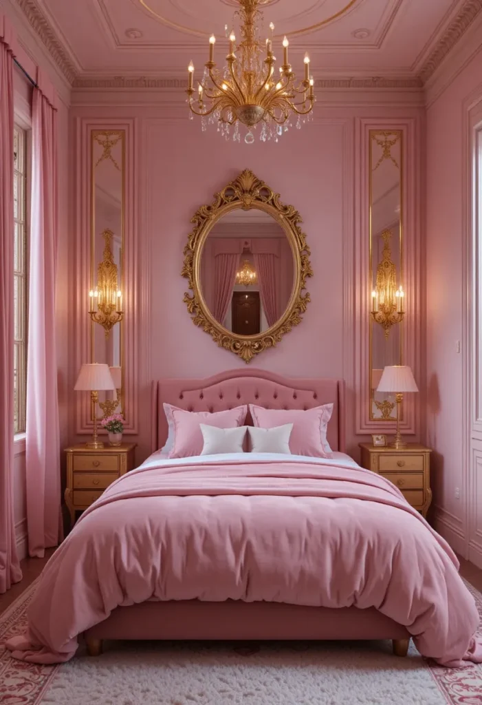 Pink and gold bedroom decor with elegant touches