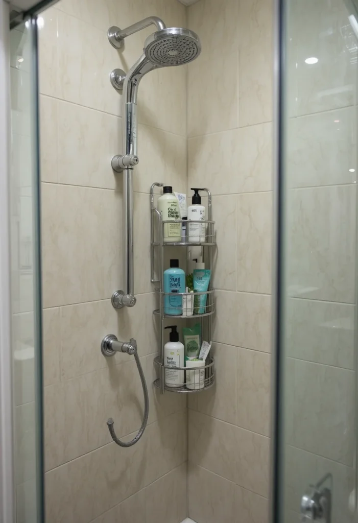 Hanging shower caddy keeping shower items organized and off surfaces.
