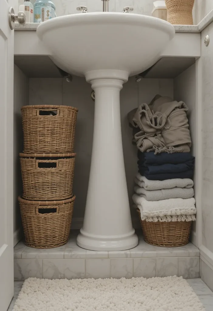 Stackable bins and baskets keeping small bathroom storage organized.