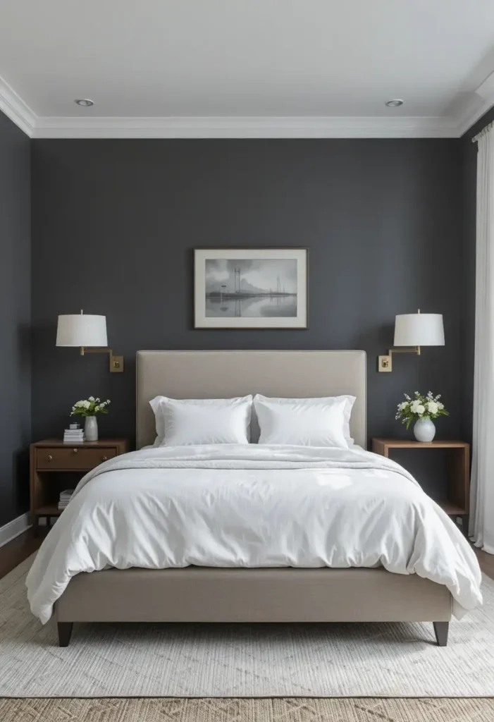 Dark gray and white bedroom with clean contrast design