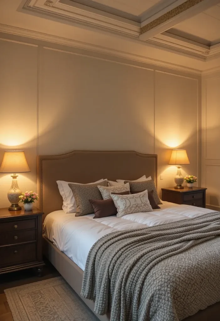 Layered lighting creating a cozy master bedroom atmosphere