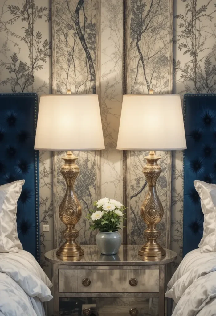 Symmetrically paired bedroom lamps creating elegant look